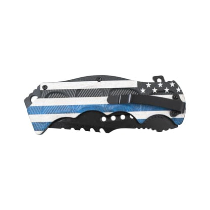 Snake Eye Tactical 8.5" Heavy Duty Folding Pocket Knife – Black Reverse Tanto Half Serrated 3CR13 Steel Blade, Printed Metal Thin Blue Line Police Flag Handle, 250th Anniversary Edition - color: Black & Blue