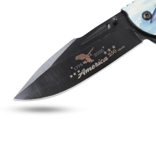 Snake Eye Tactical 8.5" Folding Rescue Pocket Knife –Black Stainless Steel Blade, 3D Printed Aluminum Flag Handle with Seatbelt Cutter, Glass Breaker, 250th Anniversary Edition - color: USA Flag With AR