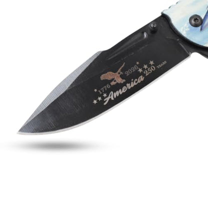 Snake Eye Tactical 8.5" Folding Rescue Pocket Knife –Black Stainless Steel Blade, 3D Printed Aluminum Flag Handle with Seatbelt Cutter, Glass Breaker, 250th Anniversary Edition - color: USA Flag With AR