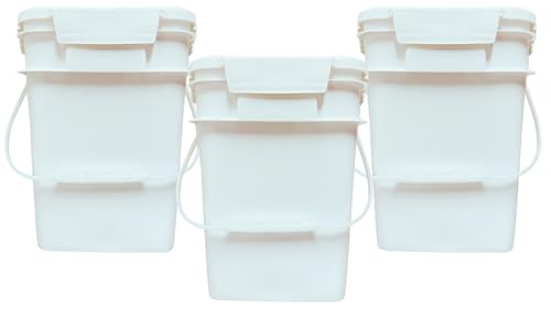 House Naturals 4 Gallon Square Food Grade Bucket Pail with Plastic Handles and Lid (Pack of 3) Made in USA containers (White) - color: White