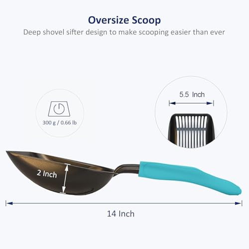 WePet Cat Litter Scoop, Non-Stick Plated Aluminum Alloy Sifter, Kitty Durable Metal Scooper, Deep Shovel, Long Handle, Kitten Pooper Lifter, Size Large, Coated Black Body with Turkish Blue Handle - color: #02 Turkish Blue, size: Large