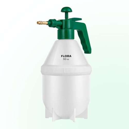 Flora Handheld Garden Pump Sprayer, 0.4 Gallon (50 oz/1.5L) Pressure Water Bottle with Adjustable Brass Nozzle, for Plants, Lawn, and Cleaning (Green) or (Red)