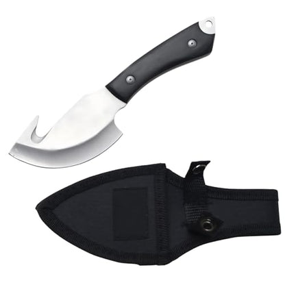 Snake Eye Fixed Blade Knife with Gut-Hook, Stainless Steel Skinning Knife for Hunters and Outdoors Enthusiasts, Orange Camo ABS Handle with Nylon Sheath (Black) - color: Black