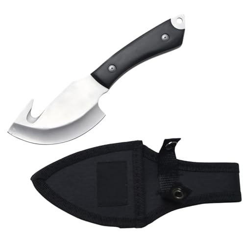 Snake Eye Fixed Blade Knife with Gut-Hook, Stainless Steel Skinning Knife for Hunters and Outdoors Enthusiasts, Orange Camo ABS Handle with Nylon Sheath (Black) - color: Black