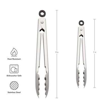 KitchenAid Set of 2 Stainless Steel Tongs with Scalloped Edges Easy Lock Dishwasher Safe Durable and Versatile 7 Inch and 9 Inch Silver - color: Stainless Steel, size: 7 and 9 Inches
