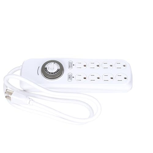 Southwire Woods Indoor 8-Outlet Power Strip Timer - Power Strip with Built-In Mechanical Timer - Programmable Outlet Strip - Grounded Outlets - Daily Power Control - White