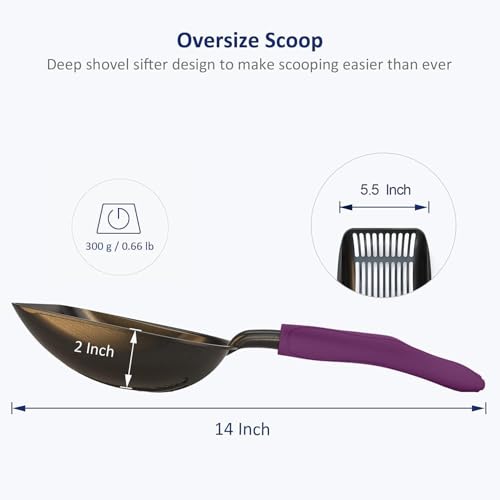 WePet Cat Litter Scoop, Non-Stick Plated Aluminum Alloy Sifter, Kitty Durable Metal Scooper, Deep Shovel, Long Handle, Kitten Pooper Lifter, Size Large, Coated Black Body with Violet Handle - color: #07 Violet, size: Large