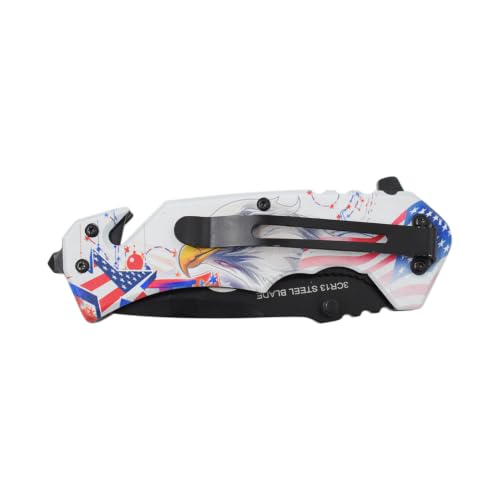 Snake Eye Tactical 7.75" Rescue Folding Pocket Knife – Black Steel Blade, Patriotic 3D Eagle ABS Handle 250th Anniversary Edition - color: White