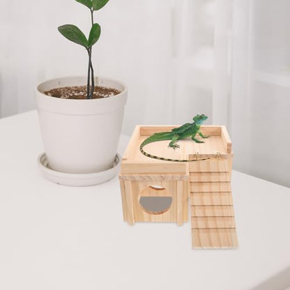 Cabilock Wooden Reptile Hide Cave with Climbing Ramp and Basking Platform Large Bearded Dragon Habitat Shelter for Leopard Gecko Tank Accessories