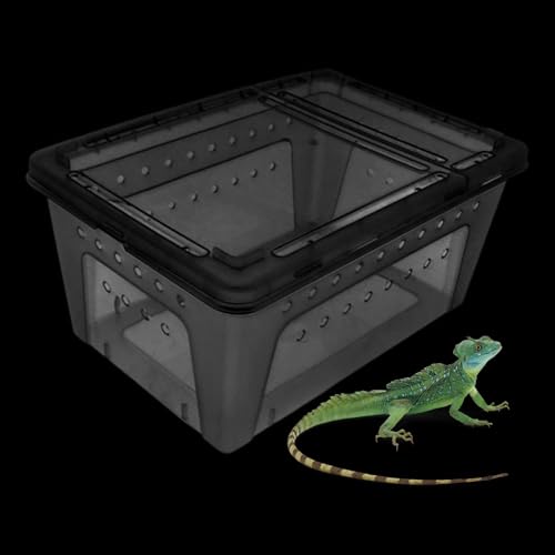 Reptile Terrarium, 12.8 x 8.9 x 5.9 in Stackable PP Breeding Box, Double Opening for Small Reptiles and Amphibians, Black - color: Black