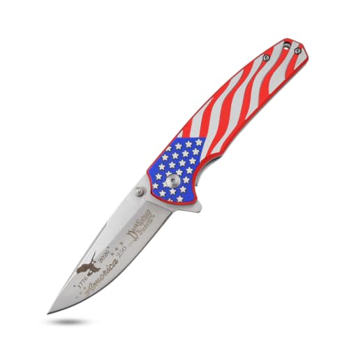 Snake Eye Tactical 7.75" Folding Pocket Knife – 420 Stainless Steel Fine Edge Blade, Metal Handle with Wavy USA Flag Graphic, Pocket Clip, 250th Anniversary Edition - color: American Flag