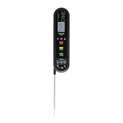 Taylor Dual Temp Infrared Thermocouple Thermometer, Multi-Functional Infrared Mode, Dual Line LCD, HOLD, Min/Max; Step Down Probe, Water Resistant, Black