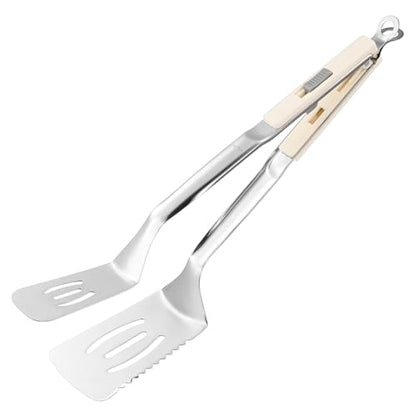 M METERXITY Spatula Tongs, 13.4 Inch 304 Stainless Steel Anti-Scald Extended Serrated Multifunctional Flipper Grill Clamp for Cooking/Barbecue, Kitchen Cooking Tong [White Handle, Silver Tone] - color: White Handle, Silver Tone