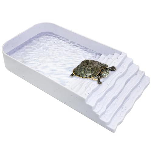 PINVNBY Reptile Bathing Pool Plastic Tortoise Food Dish with Ramp Leaf Reptile Food Dish & Water Bowl Tortoise Habitat Accessories for Frog Lizard Box Turtle (White)