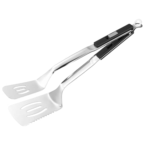 M METERXITY Spatula Tongs, 13.4 Inch 304 Stainless Steel Anti-Scald Extended Serrated Multifunctional Flipper Grill Clamp for Cooking/Barbecue, Kitchen Cooking Tong [Black Handle, Silver Tone] - color: Black Handle, Silver Tone