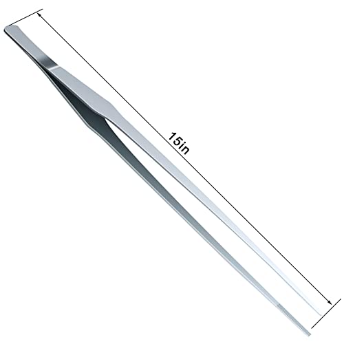 OIIKI 2PCS Stainless Steel Tongs Tweezers, Polished Extra-Long 15 inch Staright Tongs Tweezer, 15 inch Curved Aquarium Tweezer with Precision Serrated Tips for Garden, Kitchen, Indoor & Outdoor - size: 15 inch Straight & Curved (2 PCS)