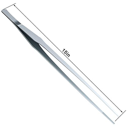 OIIKI 2PCS Stainless Steel Tongs Tweezers, Polished Extra-Long 15 inch Staright Tongs Tweezer, 15 inch Curved Aquarium Tweezer with Precision Serrated Tips for Garden, Kitchen, Indoor & Outdoor - size: 15 inch Straight & Curved (2 PCS)