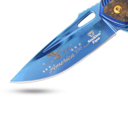 Snake Eye Tactical 8.25" Heavy Duty Folding Pocket Knife – Metallic Blue 3CR13 Steel Blade, Blue Metal & Laser Etched Eagle Wood Handle with Pocket Clip, 250th Anniversary Edition - color: Blue Eagle