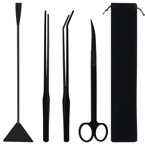 Aquascaping Tools Aquarium Kit – 4PCS Plant Trimming Tool Set with Long Tweezers, Scissors, Algae Scraper Spatula & Feeding Tongs, Fish Tank & Terrarium Cleaning Accessories
