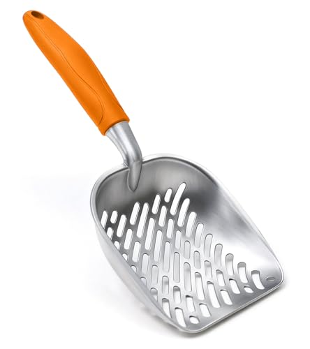 Cat Litter Scoop, Large Long Handle Kitty Metal Scooper, Heavy Duty Aluminum Deep Sifter, Ergonomic Non-Slip Grip, Rustproof Durable Poop Cleaner for Cat Litter Box - color: Orange, size: Large