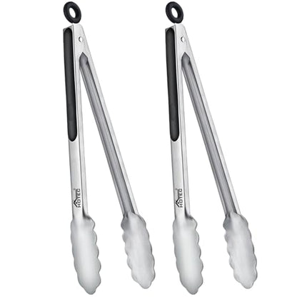 Hotec Stainless Steel Kitchen Tongs, Set of 2-12", Locking Metal Food Tongs for Cooking, Serving, BBQ, Grill Non-Slip Grip - size: 2pack: 12inch