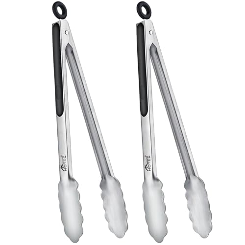 Hotec Stainless Steel Kitchen Tongs, Set of 2-12", Locking Metal Food Tongs for Cooking, Serving, BBQ, Grill Non-Slip Grip - size: 2pack: 12inch
