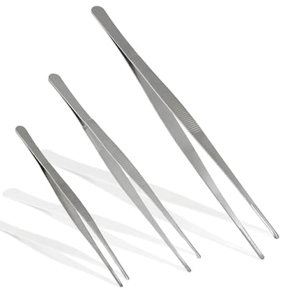 Bonsicoky 3Pcs Stainless Steel Tweezer Set (8" 10" 12"), Long Tweezers with Precision Serrated Straight Tips, Non-slip Multitool Tweezer for Cooking, Repairing, Medical, Garden - size: 8" 10" 12" (1 Set)