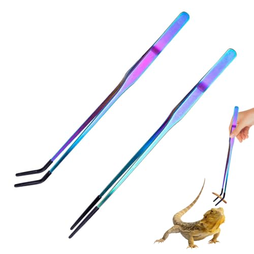 2PCS Stainless Steel Feeding Tongs, Long Handle Straight & Curved Tweezers with Soft Silicone Tips for Reptile Gecko Aquarium Plant Terrarium - color: Colourful And Black Vinyl Tip