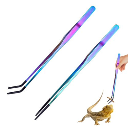2PCS Stainless Steel Feeding Tongs, Long Handle Straight & Curved Tweezers with Soft Silicone Tips for Reptile Gecko Aquarium Plant Terrarium - color: Colourful And Black Vinyl Tip
