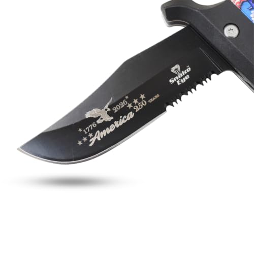 Snake Eye Tactical 9" Folding Pocket Knife – 4" Black 440 Stainless Steel Half Serrated Blade, 5" Patriotic American Flag & Eagle Printed Handle, Pocket Clip, 250th Anniversary Edition - color: Black