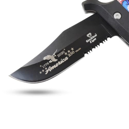 Snake Eye Tactical 9" Folding Pocket Knife – 4" Black 440 Stainless Steel Half Serrated Blade, 5" Patriotic American Flag & Eagle Printed Handle, Pocket Clip, 250th Anniversary Edition - color: Black