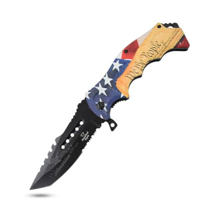 Snake Eye Tactical 8.5" Heavy Duty Folding Pocket Knife – Black Reverse Tanto Half Serrated 3CR13 Steel Blade, Printed Metal 'We the People' Constitution Handle with Pocket Clip, 250th Anniversary Edition - color: Brown & Black
