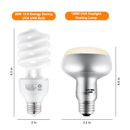 DXOPHIEX 100W Reptile Heat Lamp and 26W 10.0 UVB Bulb Combo Pack, UVA Basking Bulb and UVB Light for Reptiles, Basking Light for Bearded Dragon, Turtles, Snake and Lizard
