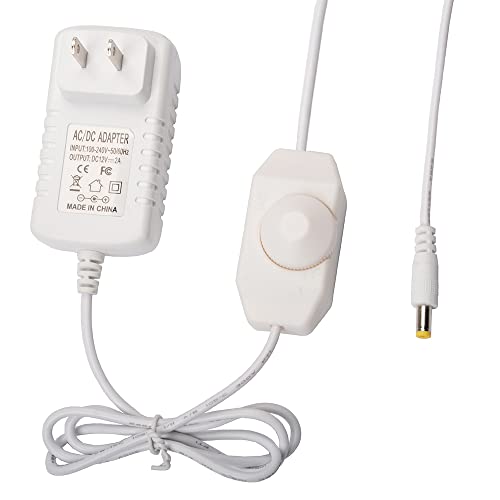 DC12V 2A Plug-in Dimmer Switch 110-240V AC to DC Converter Power Supply Adapter Wall Plug Dimming Switch ON/Off for Dimmable Lights RGB LED Strip Table Lamps (White)
