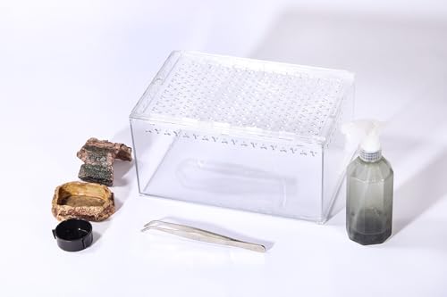 Reptile PC Terrarium 11.8" x 7.87" x 5.9" Full View Enclosure for Reptiles Geckos Tarantulas Spiders Insects with Hide Cave Feeding Bowl (L-Starter Kit) - size: L-Starter Kit