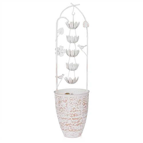 Alpine Corporation 30" Tall Metal Rustic Water Fountain with Decorative Flower, Cascading Waterfall Feature for Gardens, Patios, and Outdoor Decor, White - color: White