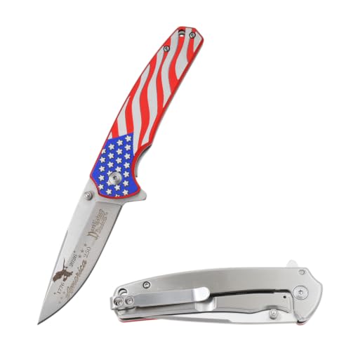 Snake Eye Tactical 7.75" Folding Pocket Knife – 420 Stainless Steel Fine Edge Blade, Metal Handle with Wavy USA Flag Graphic, Pocket Clip, 250th Anniversary Edition - color: American Flag
