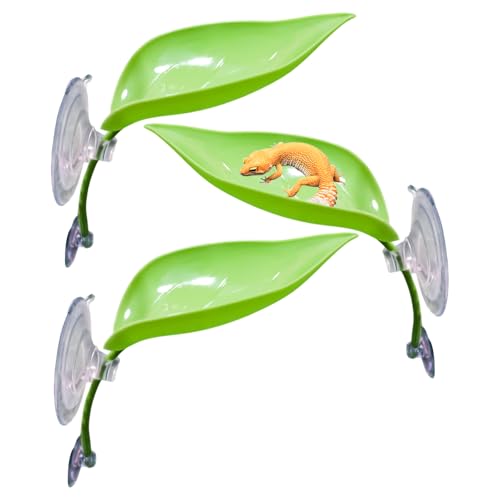 3 Pack Plastic Leaf Decorations with Suction Cups, Gecko Tank Accessories, Reptile Terrarium Decorations for Crested Geckos, Leopard Geckos - color: Green