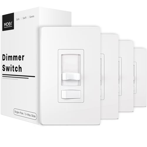 MOES Dimmer Light Switches 4 Pack, 3 Way & Single Pole Dimmable Switch for LED,CFL,Incandescent,Halogen, 600Watt Max, ON/Off Switch with Dimming Slide for Bedroom Hallway, No Neutral Wire Required - color: White, size: 4 Pack