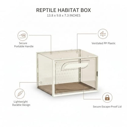 Reptile Habitat Box with Handle, Ventilated PP Plastic Terrarium for Geckos and Lizards, Portable Enclosure with Secure Lid, 13.8 x 9.8 x 7.3 Inches (1 PC)