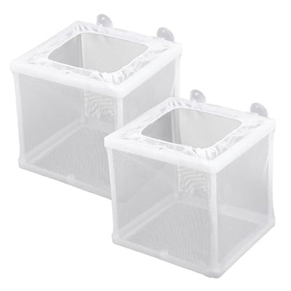2 Pack Fish Incubator Mesh Box Aquarium, 6.3" x 5.51" x 5.91" Breeder Box for Fish Tank White Nylon Mesh Fishes Breeder Boxes for Aquarium Juvenile Fishes Separation Net Fry Hatchery with Suction Cups