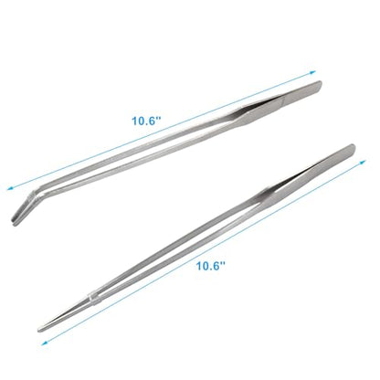 2PCS Stainless Steel Reptile Feeding Tongs, Long Tweezers Aquarium Terrarium Feeder Tools for Reptiles, Lizards, Snakes (Straight and Curved)