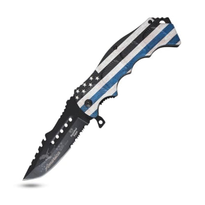 Snake Eye Tactical 8.5" Heavy Duty Folding Pocket Knife – Black Reverse Tanto Half Serrated 3CR13 Steel Blade, Printed Metal Thin Blue Line Police Flag Handle, 250th Anniversary Edition - color: Black & Blue
