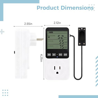 Digital Temperature Humidity Controller Outlet Plug, with External Sensor and LCD Display, ±33.8℉/±1℃ Accuracy, 16A/3680W Load, 3 Real-Time Temperature Displays, for Reptiles, Grow Tents
