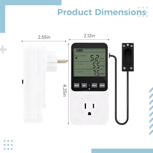 Digital Temperature Humidity Controller with External Sensor, LCD Display, ±33.8 ℉/±1 ℃ Accuracy, 16A/3680W Load, 3 Real Time Temperature Displays for Reptiles, Grow Tents