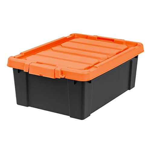 IRIS USA 12 Gallon Lockable Storage Bins with Lids, 2 Pack - Made in USA, Heavy Duty, Stackable Containers, Garage Organizing Bins Moving Tubs, Rugged Sturdy Equipment Utility Box - Black/Orange - size: 12 Gal - 2 Pack