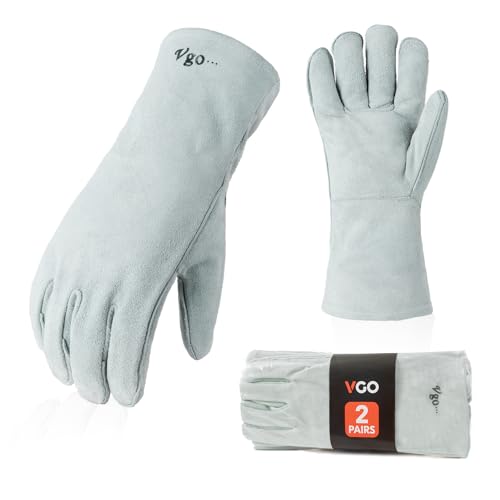 Vgo... 13.5 Inches Welding Gloves Heat/Fire Resistant Leather For Mig,Tig,Wood Stove,Animal handling,Forge,BBQ,Grill for Mens Womens(2 Pairs,White,CB6501)