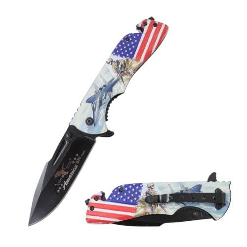 Snake Eye Tactical 8.5" Folding Rescue Pocket Knife –Black Stainless Steel Blade, 3D Printed Aluminum Flag Handle with Seatbelt Cutter, Glass Breaker, 250th Anniversary Edition - color: USA Flag With AR