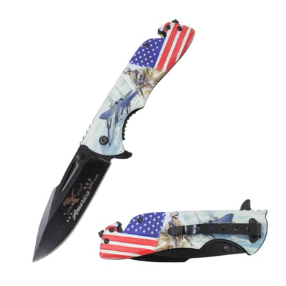 Snake Eye Tactical 8.5" Folding Rescue Pocket Knife –Black Stainless Steel Blade, 3D Printed Aluminum Flag Handle with Seatbelt Cutter, Glass Breaker, 250th Anniversary Edition - color: USA Flag With AR