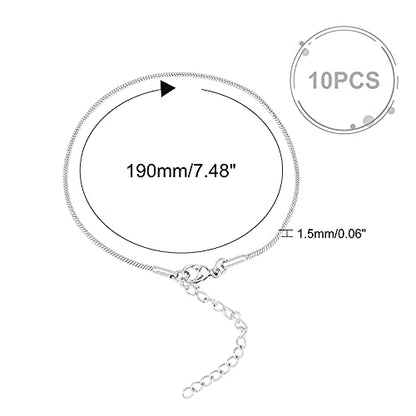 PH PandaHall 10pcs 7.48" Adjustable Slider Chain Bracelet Stainless Steel Snake Chain Bracelets Round Snake Chain Lobster Claw Clasps for Jewelry Accessories DIY Making